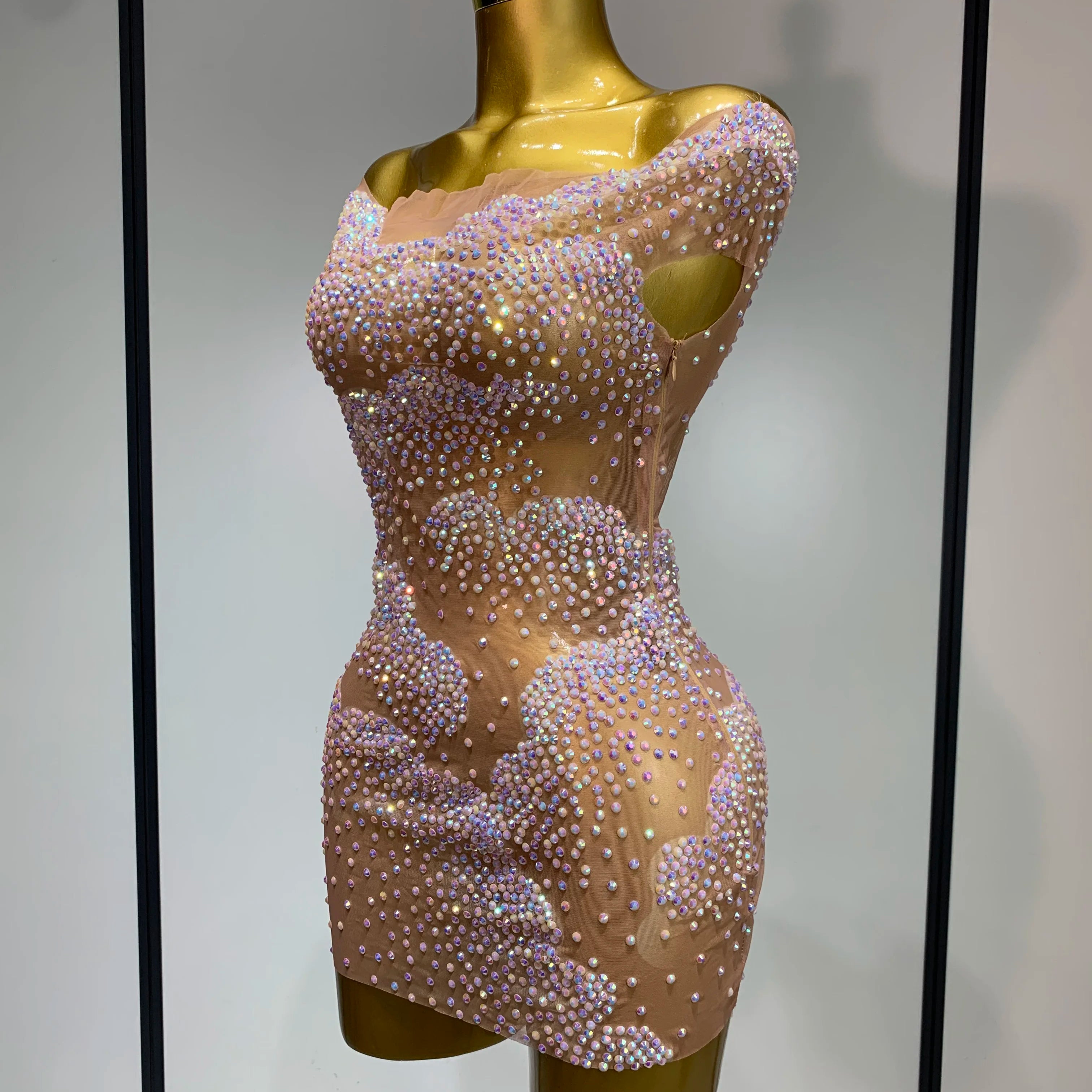 Women Sexy Mesh See Through Mini Dress Celebrate Birthday Evening Party Dress Luxury Rhinestones Stage Performance Costume