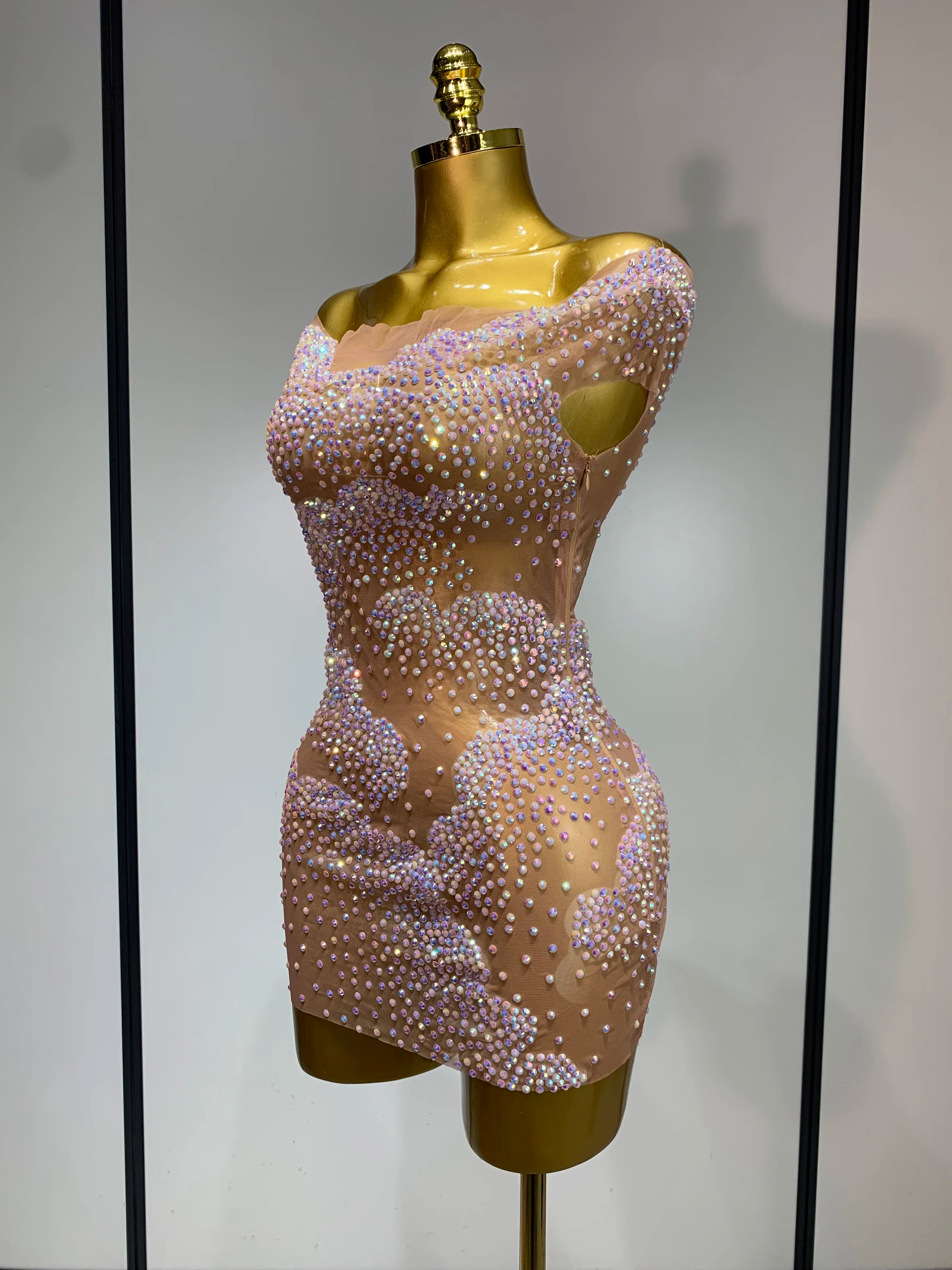 Women Sexy Mesh See Through Mini Dress Celebrate Birthday Evening Party Dress Luxury Rhinestones Stage Performance Costume