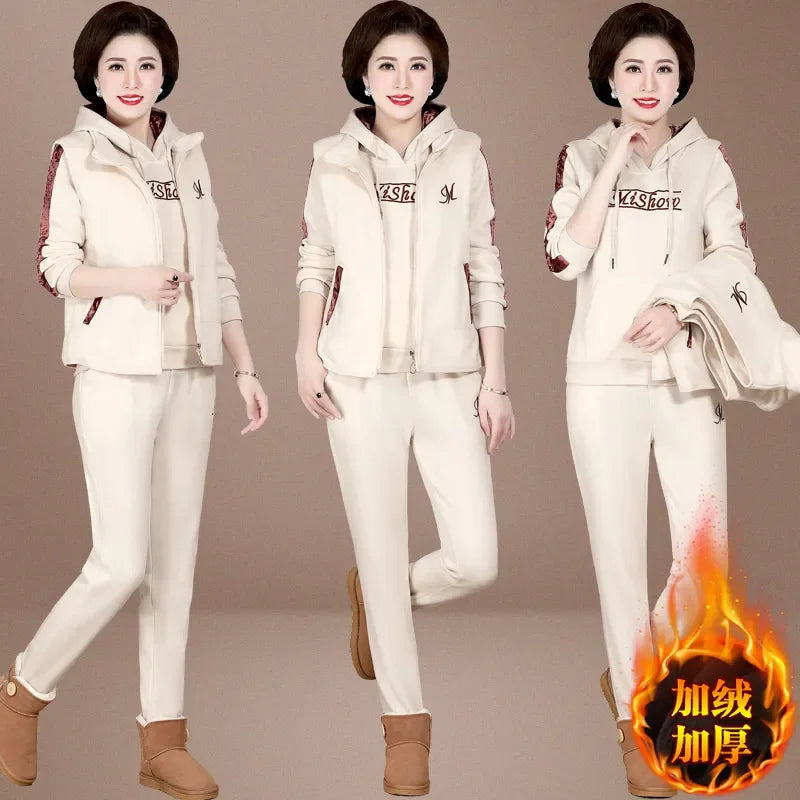 Women's Autumn Winter New Suit Plush Thickened Hooded Tops Waistcoat Pants 3 Three Piece Sets Fashion Plus Size Women Clothing Beige