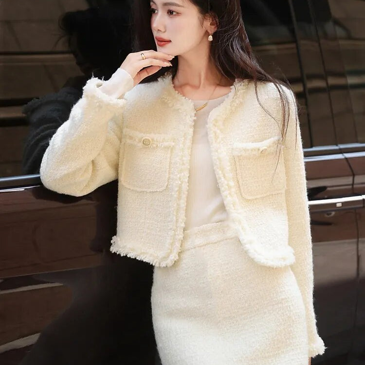 Tweed jacket + Skirt Suit White fashion Professional Set slimming new Women's Suit Autumn/Winter White 2-Piece Set