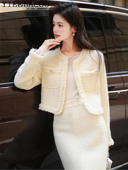 Tweed jacket + Skirt Suit White fashion Professional Set slimming new Women's Suit Autumn/Winter White 2-Piece Set