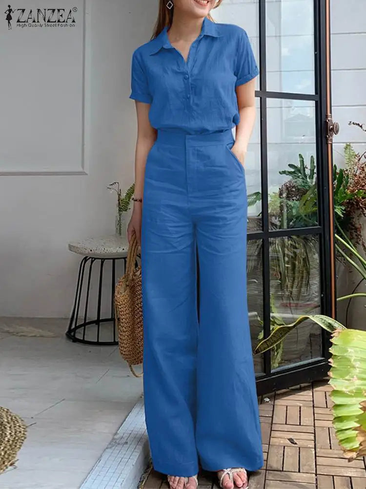 ZANZEA Summer Fashion Suit Lapel Short Sleeve Shirt Wide Leg Pants 2pcs Woman Vintage Office OL Matching Sets Casual Tracksuits Blue