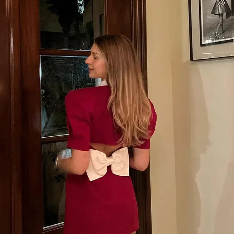 Sexy V Neck Puff Sleeve Back Bow Mini Dress Women Fashion Button Decor Slim Fit Dresses Elegant Female Banquet Vestidos