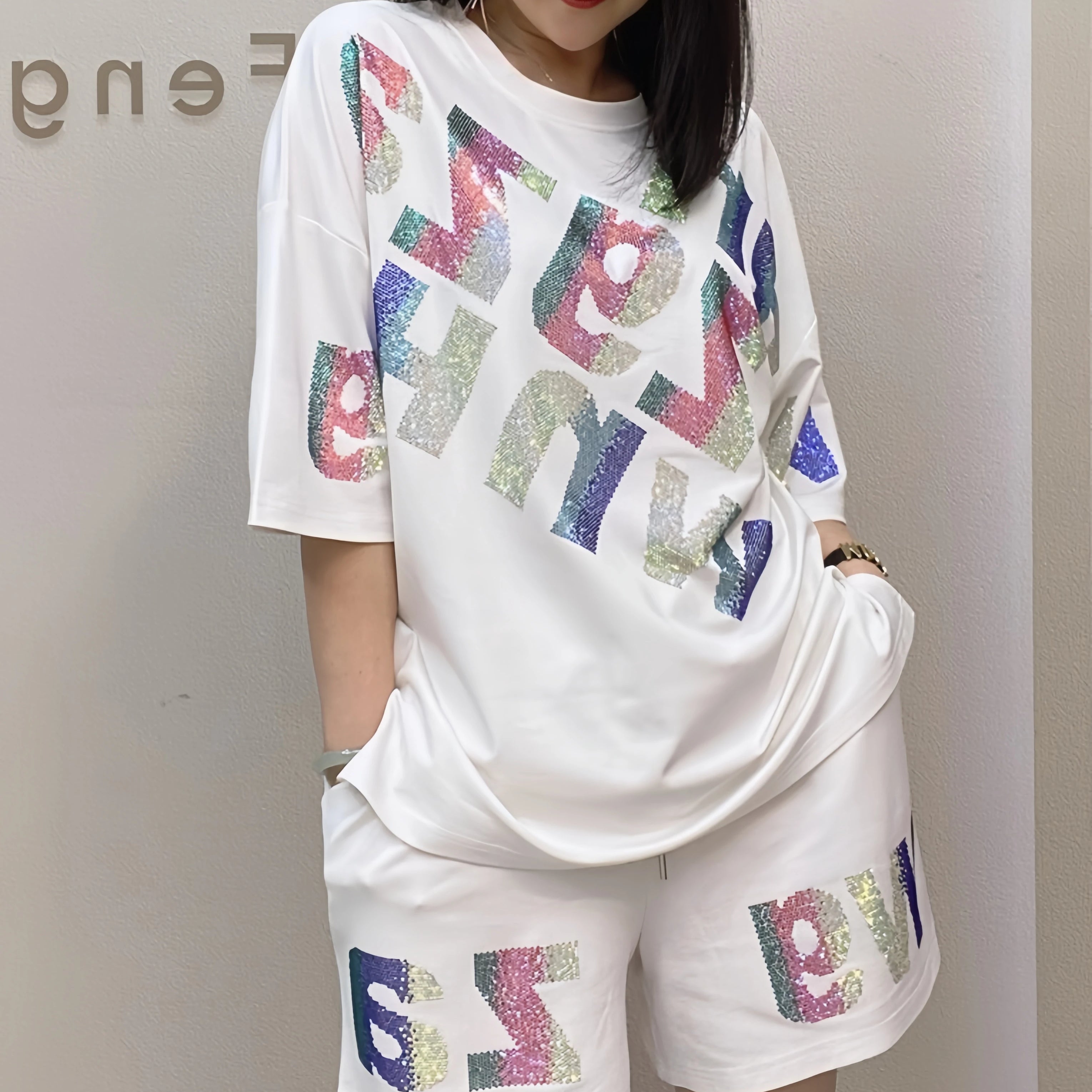 Oversized summer short-sleeved T-shirt and shorts casual set, Rhinestone wide-leg pants two-piece women's set