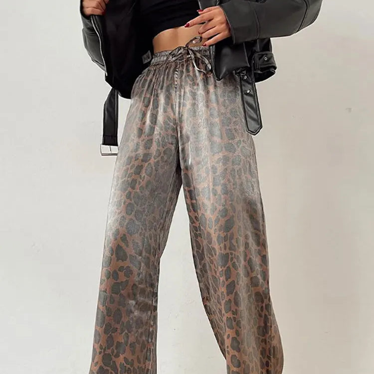 Fashion Leopard Print Wide Leg Pants Women Chic Glitter High Waist Elastic Lace Up Loose Long Pants Casual High Street Wear Pants A