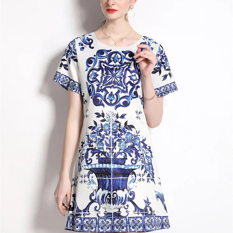 JAMERARY Summer Runway Fashion Red Blue White Porcelain Floral Dress Women's Short Sleeve Flower Printing A Line Mini Vestidos Blue