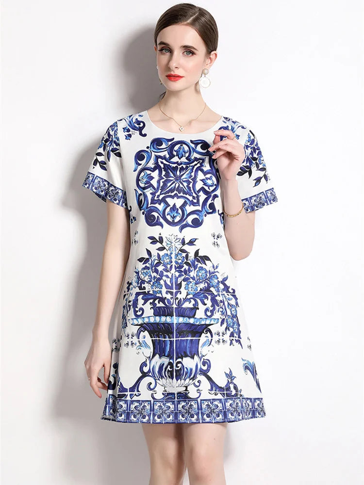 JAMERARY Summer Runway Fashion Red Blue White Porcelain Floral Dress Women's Short Sleeve Flower Printing A Line Mini Vestidos Blue