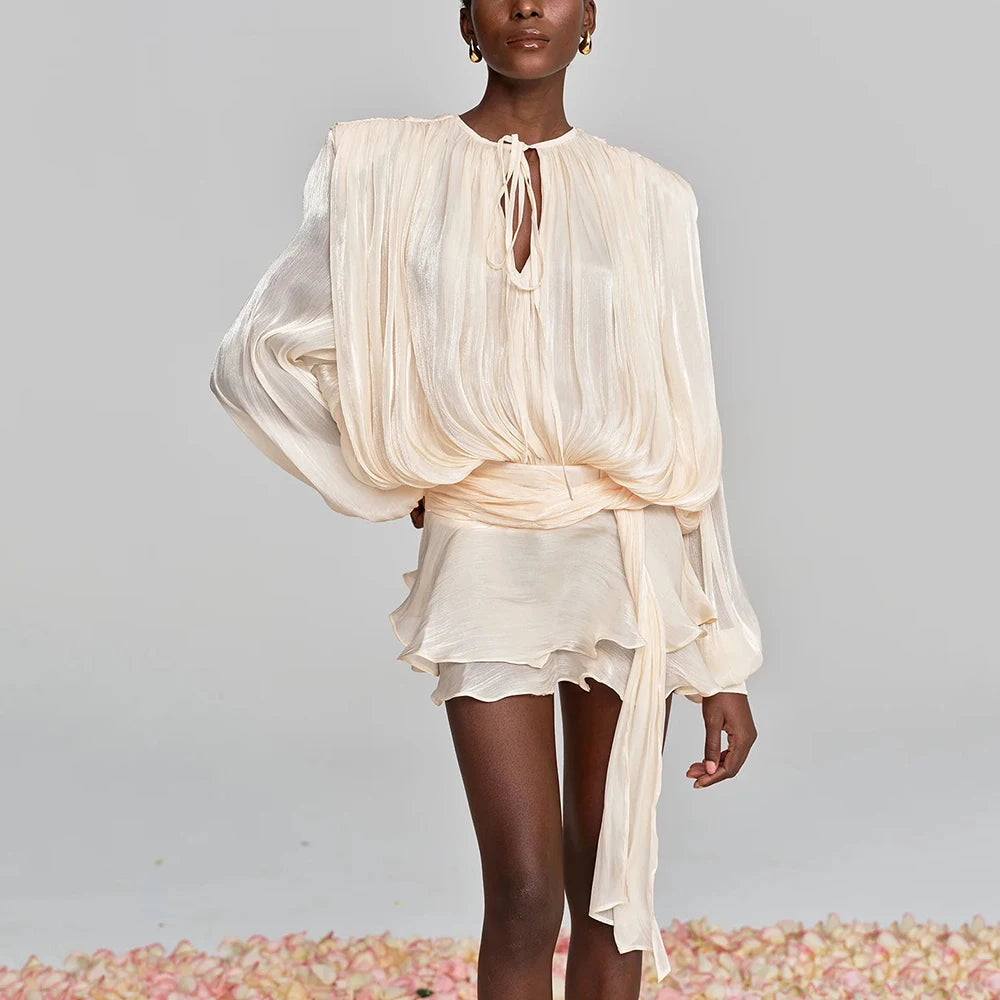 Solid Loose Spliced Lace Up Elegant Dresses for Women Round Neck Long Sleeves Patchwork Folds Dress Female Style APRICOT