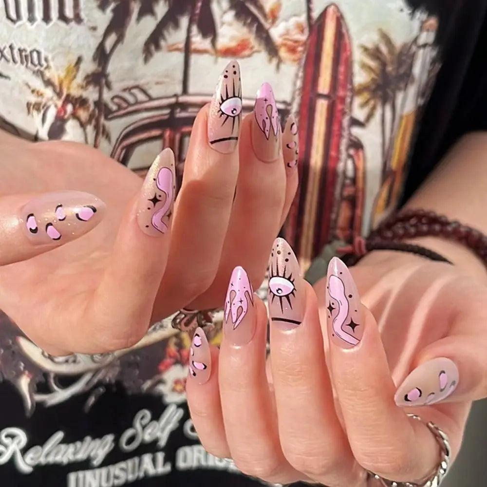 24Pcs Plum Blossom Stiletto False Nails Full Cover Manicure Tool Wearable Fake Nails Detachable Almond Nail Tips Press On Nails JP1860