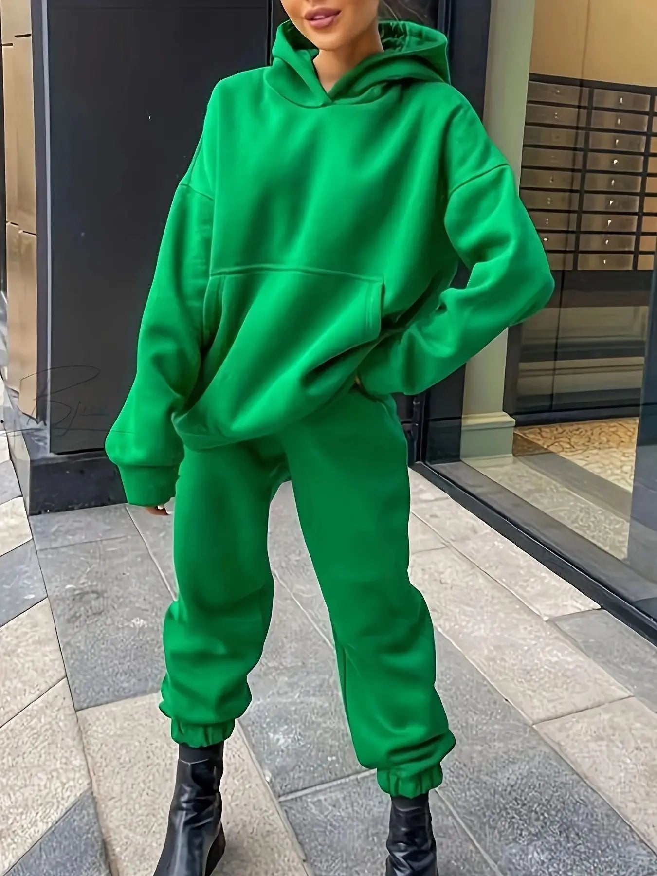 Women's Tracksuit Suit Spring Summer Warm Hoodie Sweatshirts Two Pieces Oversized Solid Casual Hoody Pulleys Long Pant Sets green