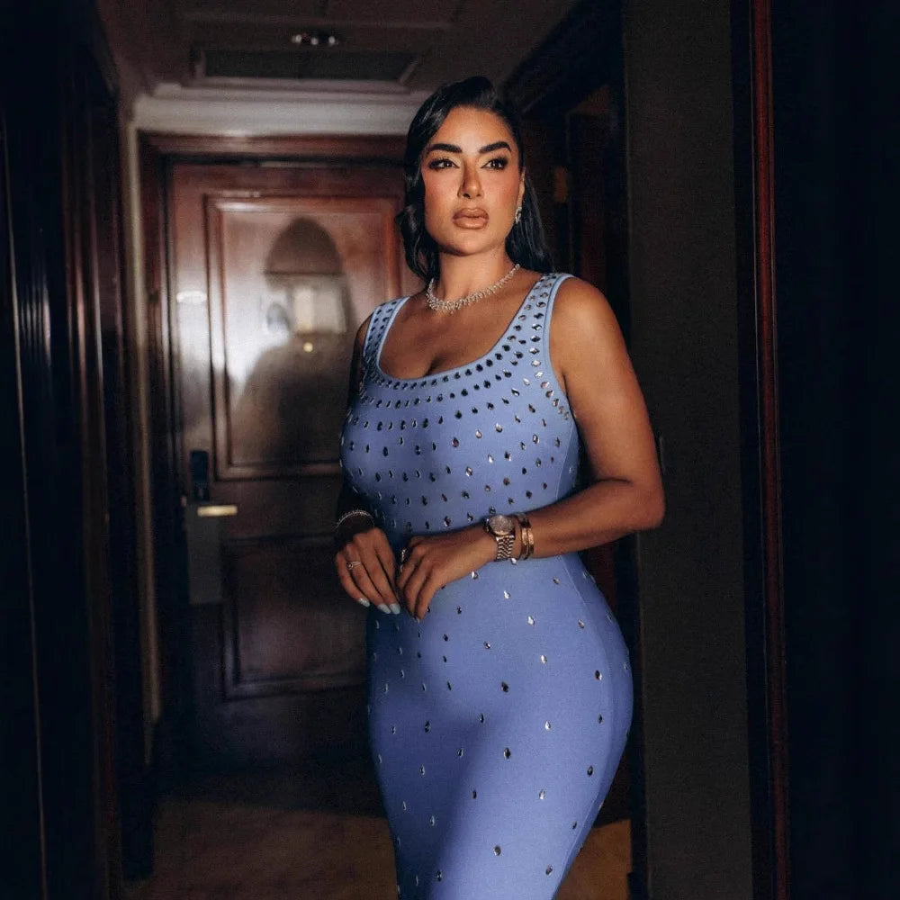 Top Quality Women Sleeveless Sexy O-Neck Shinning Crystal Bodycon Bandage Long Dress Evening Party Celebrate Cocktail Outfit