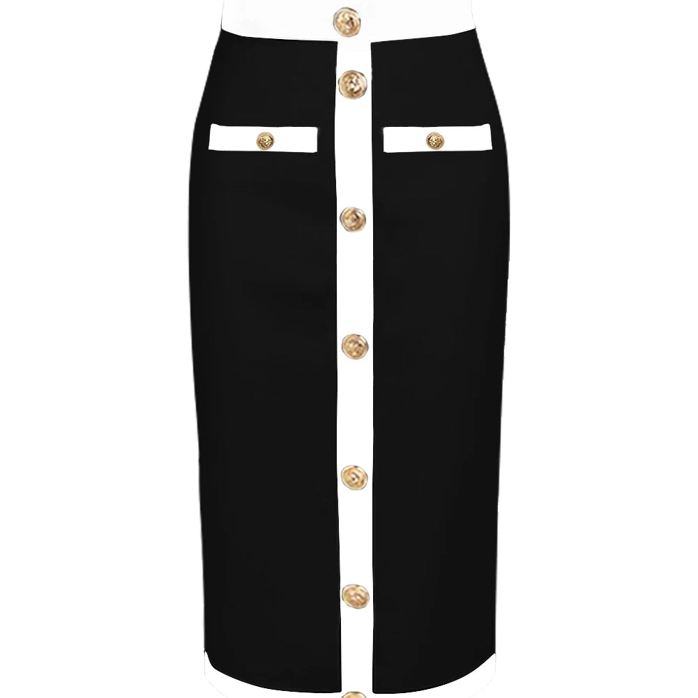 Newest Women Button Patchwork White Black Bodycon Bandage Skirt 2023 Designer High Waist Party Club Pencil Skirt 60cm