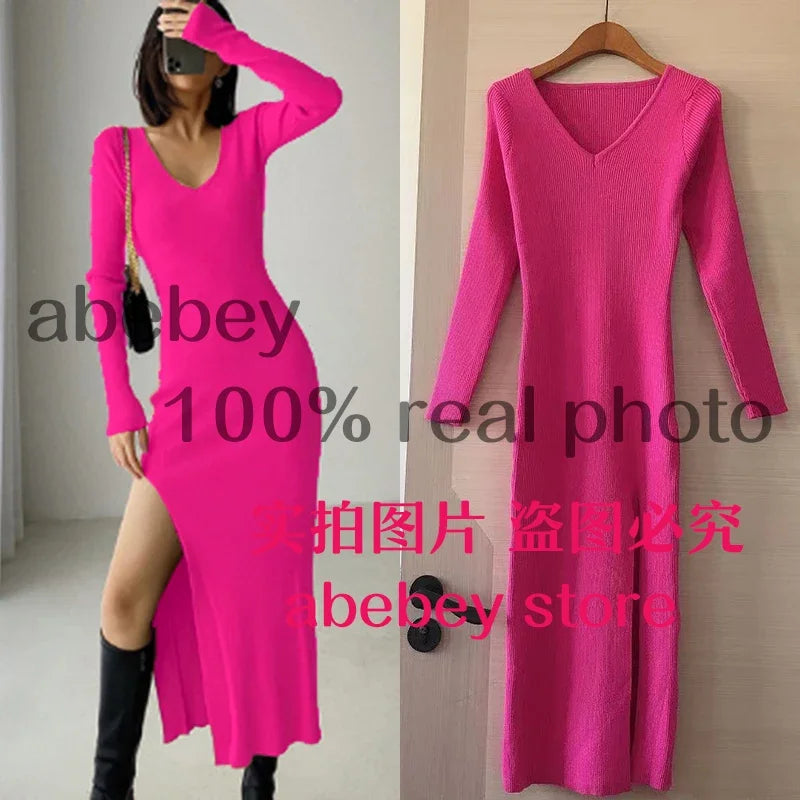 spring and winter sexy French slit sweater dress female slim tight-fitting hip-knit over-the-knee dresses Rose Red