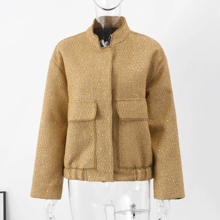 Sequin Women Coat Gold Long Sleeve Stand Collar Gold Female Jacket Autumn Winter Fashion Single Breasted Party Lady Outwear