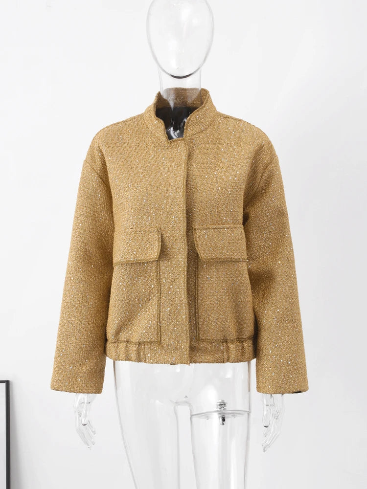 Sequin Women Coat Gold Long Sleeve Stand Collar Gold Female Jacket Autumn Winter Fashion Single Breasted Party Lady Outwear