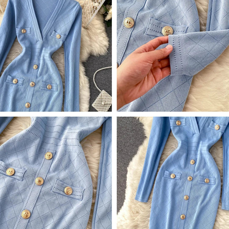 Women Knitted Pencil Dress Korean Long Sleeve V Neck Elastic Slim Dress Autumn Winter Sexy Bodycon Warm Sweater Dress