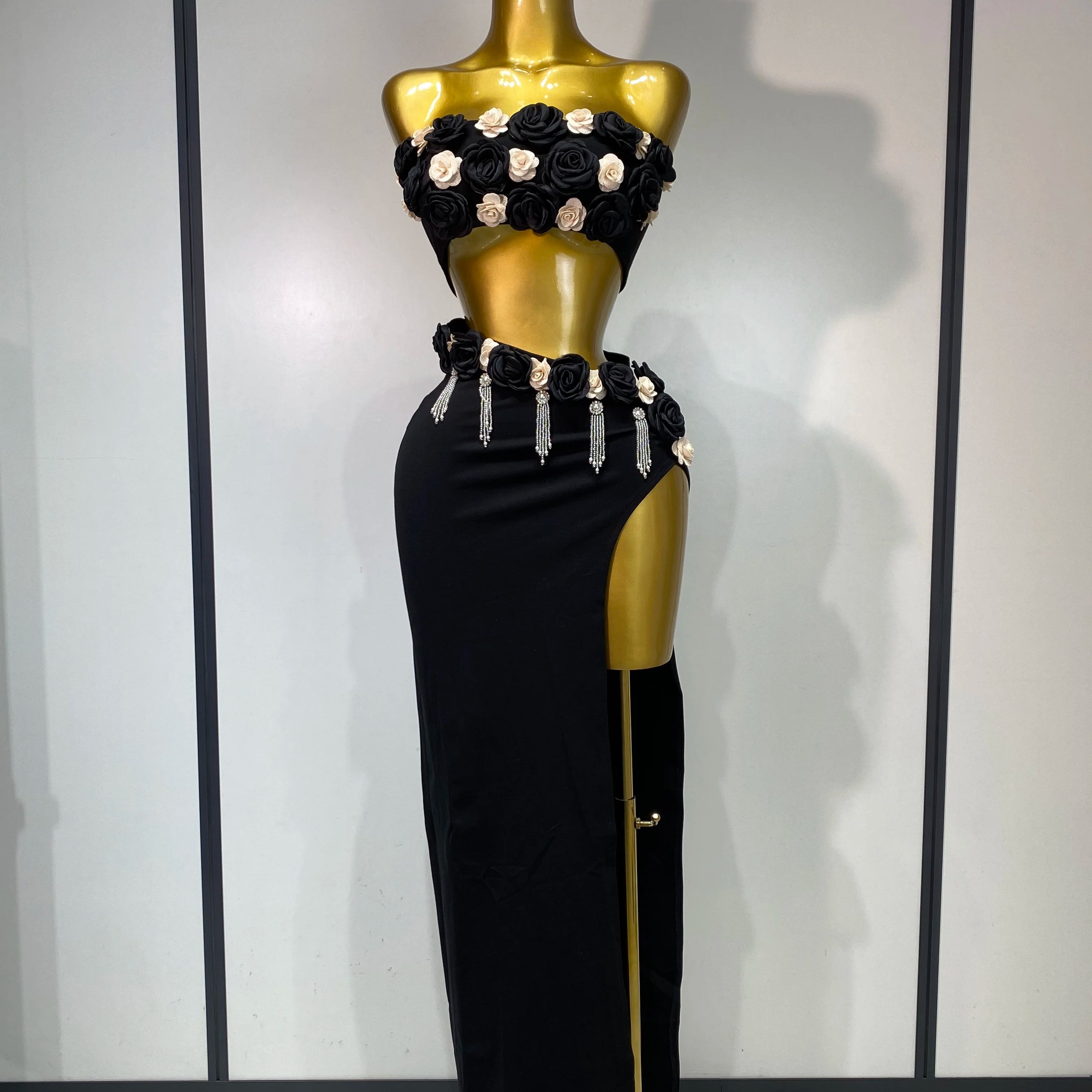 Women Sexy Flower Strapless Top High Slit Long Skirt Elegant Evening Party Two Piece Set Luxury Birthday Club Gown black