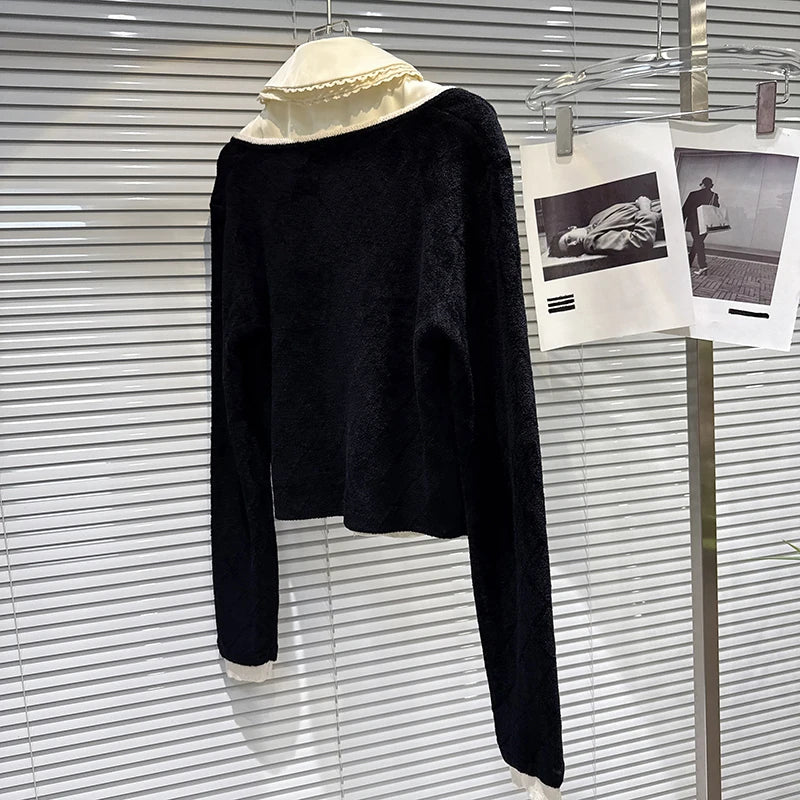 Winter New Sweet Fashionable Lace Turn-Down Collar Vest Elegant Knitted Sweater Two-Piece Set For Women 11A07525