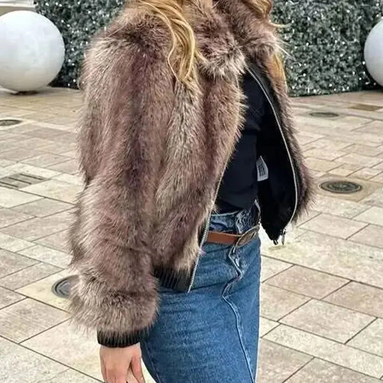 Women's Winter Coat Faux Fur Lapel Long Sleeves Loose Zipper Jackets Lady Pockets High Street Chic Warm Woman Outerwear