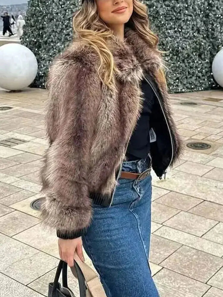 Women's Winter Coat Faux Fur Lapel Long Sleeves Loose Zipper Jackets Lady Pockets High Street Chic Warm Woman Outerwear