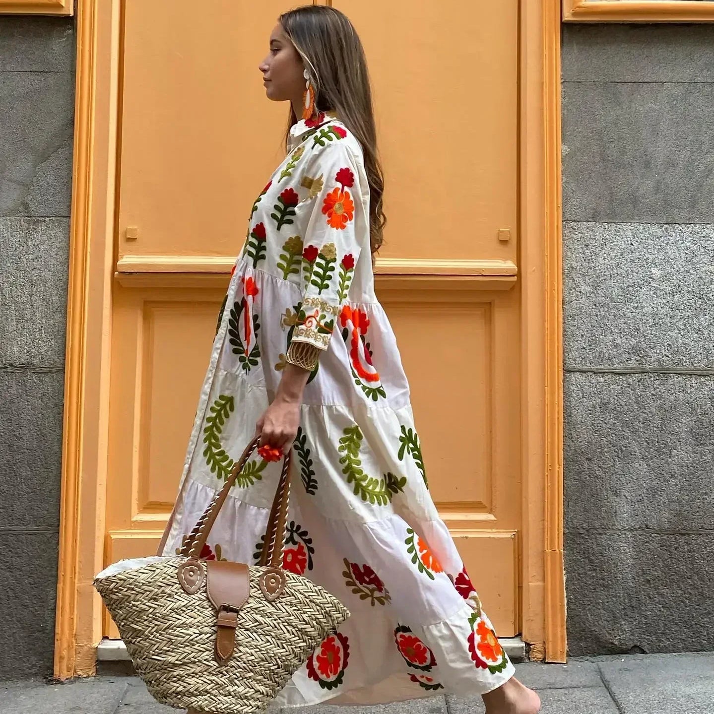 Vintage Flower Print Single Breasted Long Dress Women Elegant Lapel Half Sleeves Loose Hem Dresses Female Vocation Vestidos Color