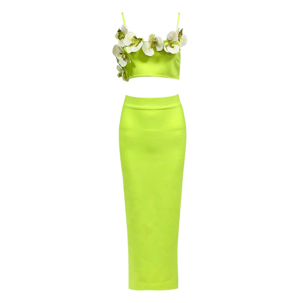 Green Color Women Sleeveless Sexy Strap Square Collar 2 Pieces Bodycon Long Bandage Dress Celebrate Birthday Dress