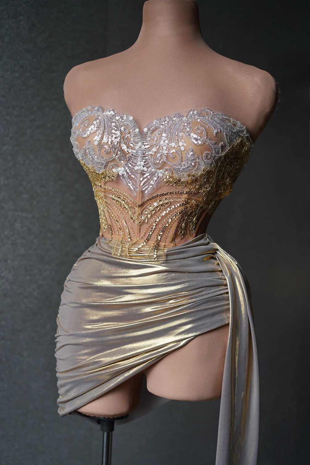 Sparkly Beading Sequins Strapless 2 Pieces Bodycon Mini Dress Fashion Nightclub Party Bar Singer Performance Costume Stage Wear GRAY