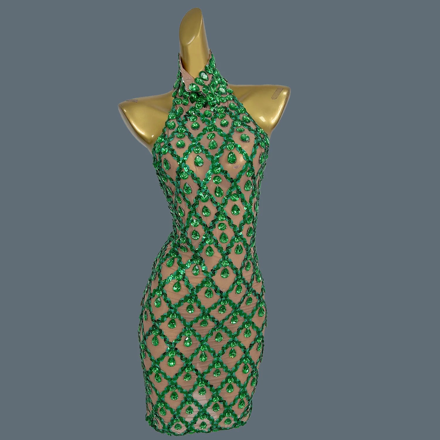 Sparkly Sequins Crystals Summer Mini Dress Sexy Sleeveless See Through Mesh Women Party Dress Event Singer Show Wear Shaokaojia green One Size