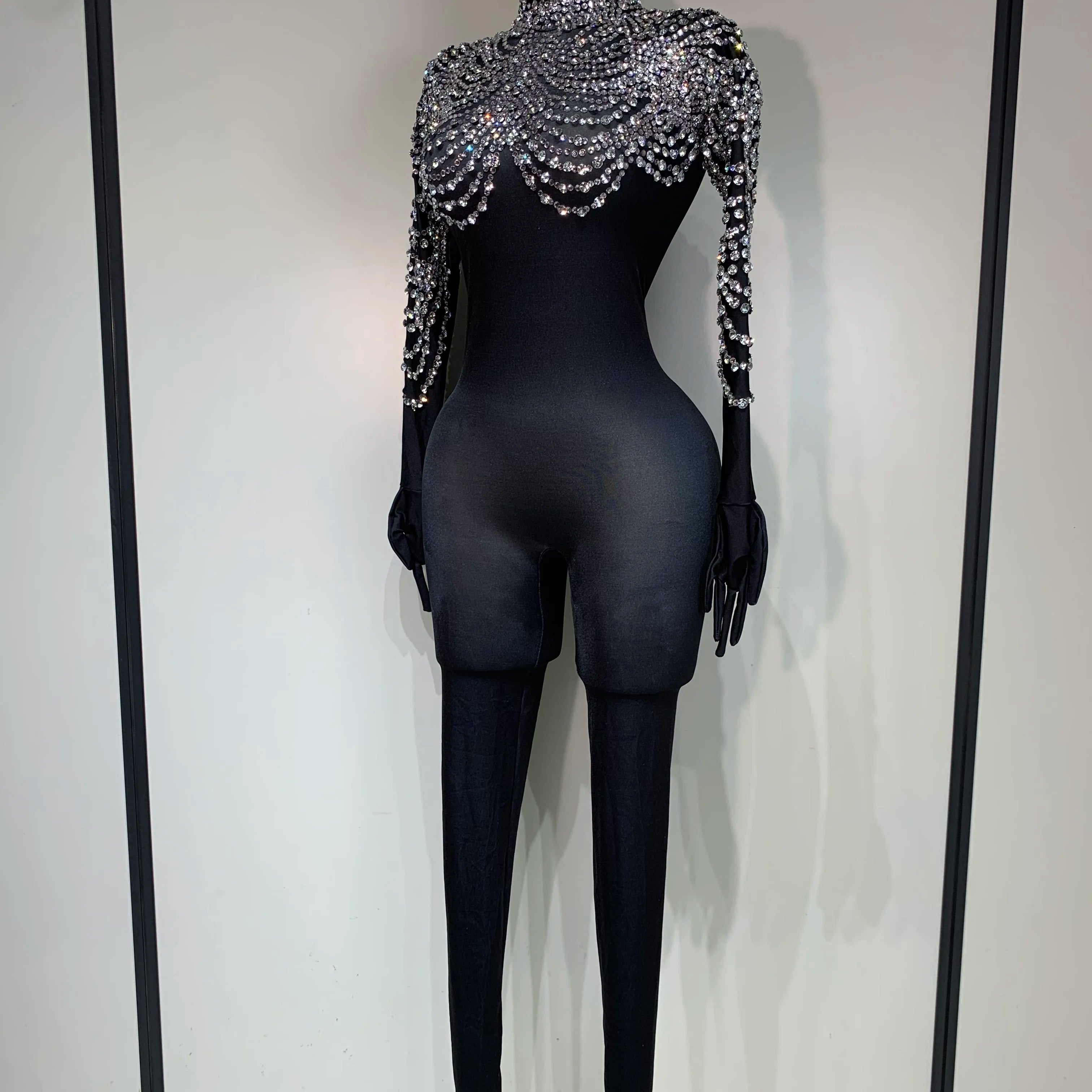 Stock Women Sexy Nightclub Evening Party Drag Queen Singer Dancer Stage Performance Costume Luxury Rhinestone Stretch Jumpsuit