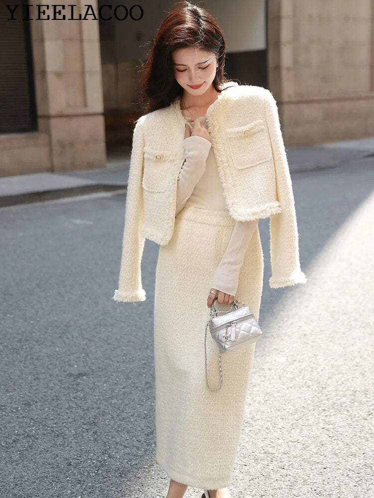 Tweed jacket + Skirt Suit White fashion Professional Set slimming new Women's Suit Autumn/Winter White 2-Piece Set