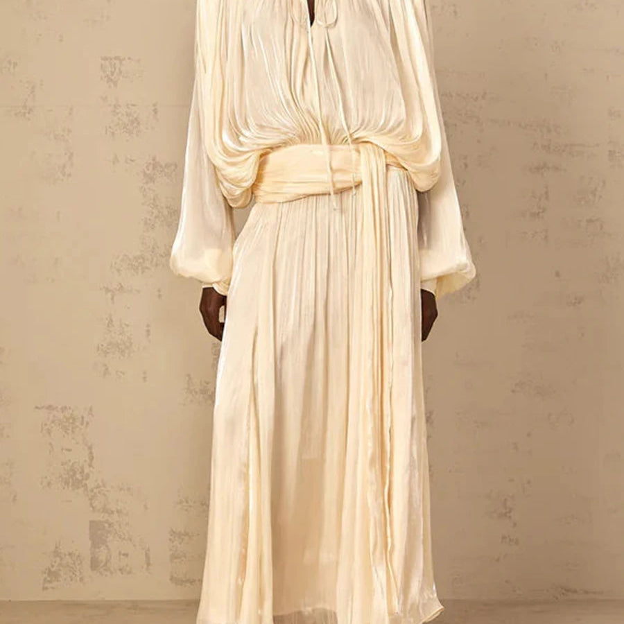 Solid Loose Spliced Folds Elegant Dresses for Women Round Neck Long Sleeves Patchwork Lace Up Dress Female Fashion