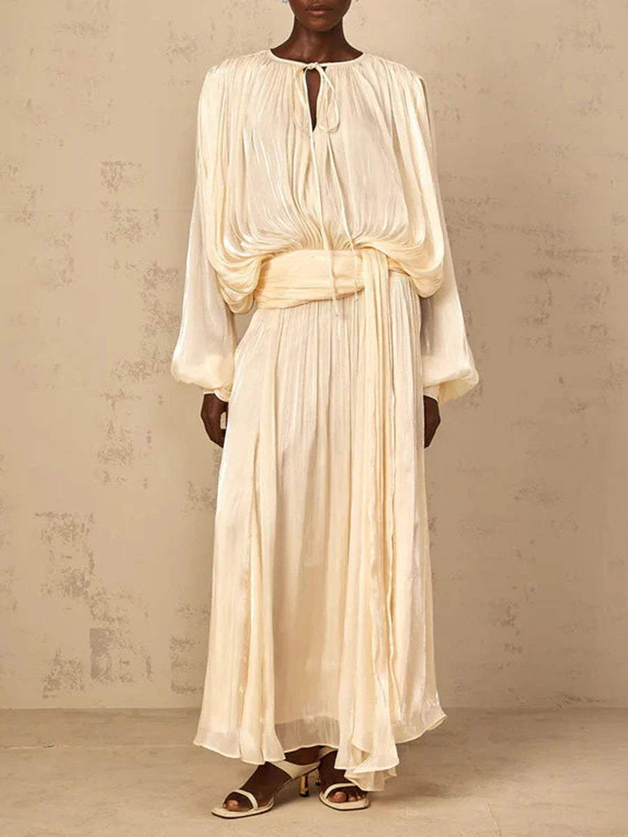 Solid Loose Spliced Folds Elegant Dresses for Women Round Neck Long Sleeves Patchwork Lace Up Dress Female Fashion