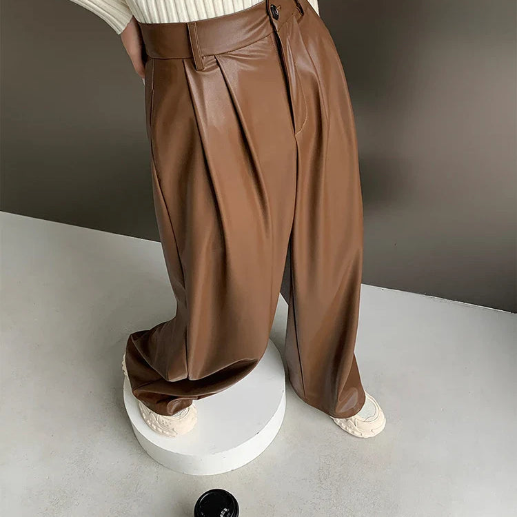 Spring Autumn Loose Casual Flowy Soft Black Brown Pu Leather Wide Leg Pants for Women High Waist Emo Korean Fashion 2023 brown