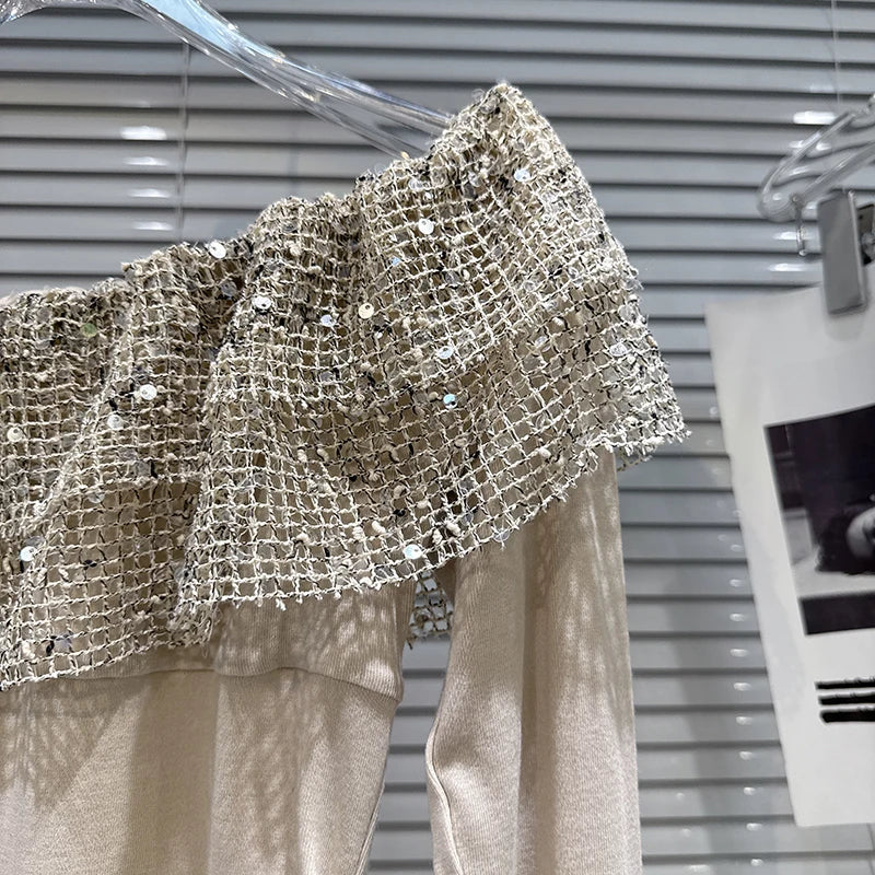 Winter New Fashion Sequin Hollow Layered Collar Long Sleeve T-Shirt For Women Slim Fit Off-shoulder Tops 11A07713