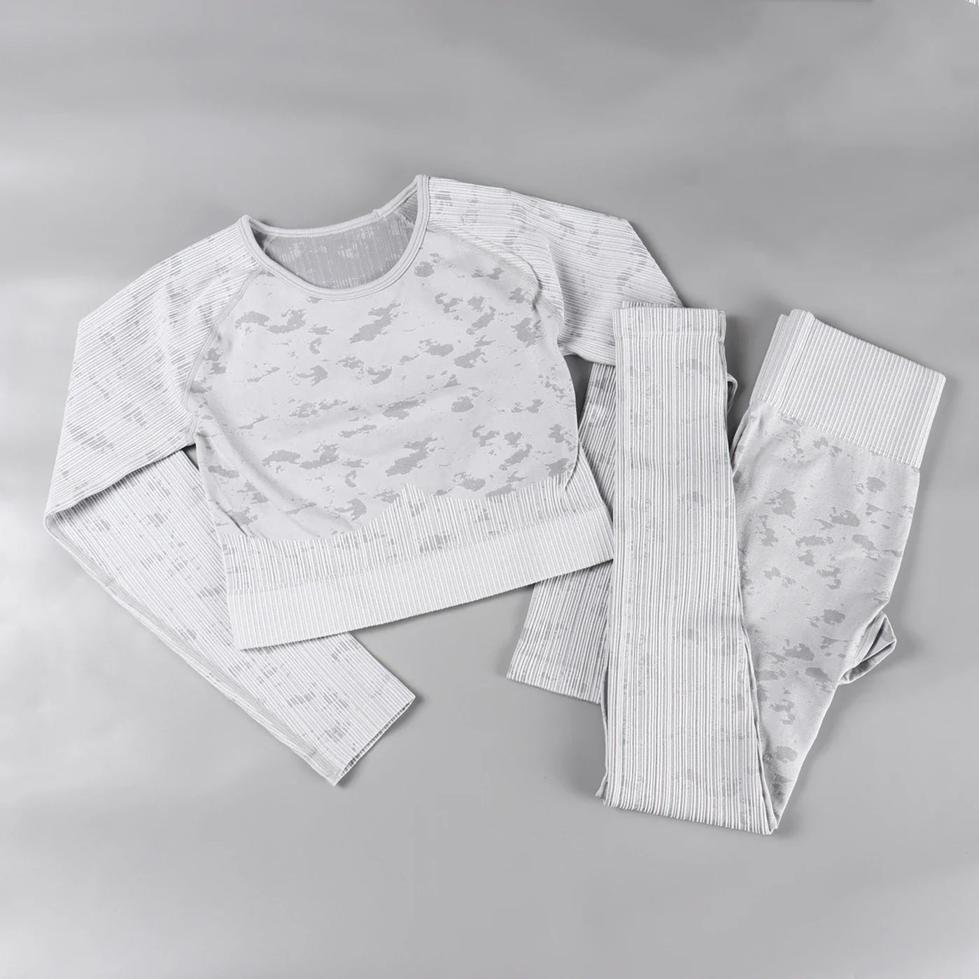 Rid Seamless Yoga Set Women 2pcs Two Piece Long Sleeve Crop Top T-Shirt Leggings Outfit Clothes Gym Wear Fitness Suit Sport Sets Upgrade Gray Set