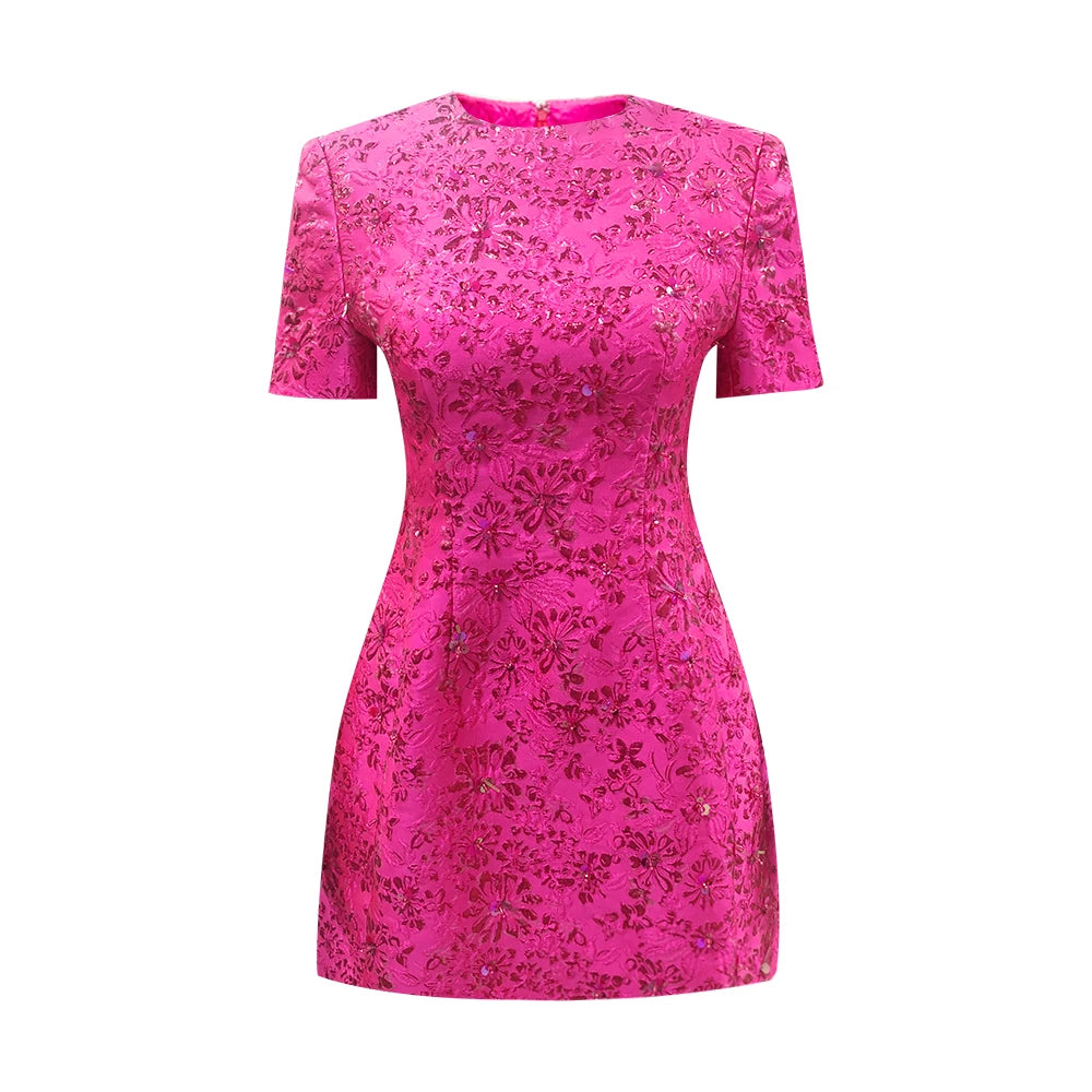 Elegant Dresses For Women Chic Beautiful Flower Jacquard Hot Pink Gowns Short Sleeve Mini Dresses Summer 2024 Hot pink