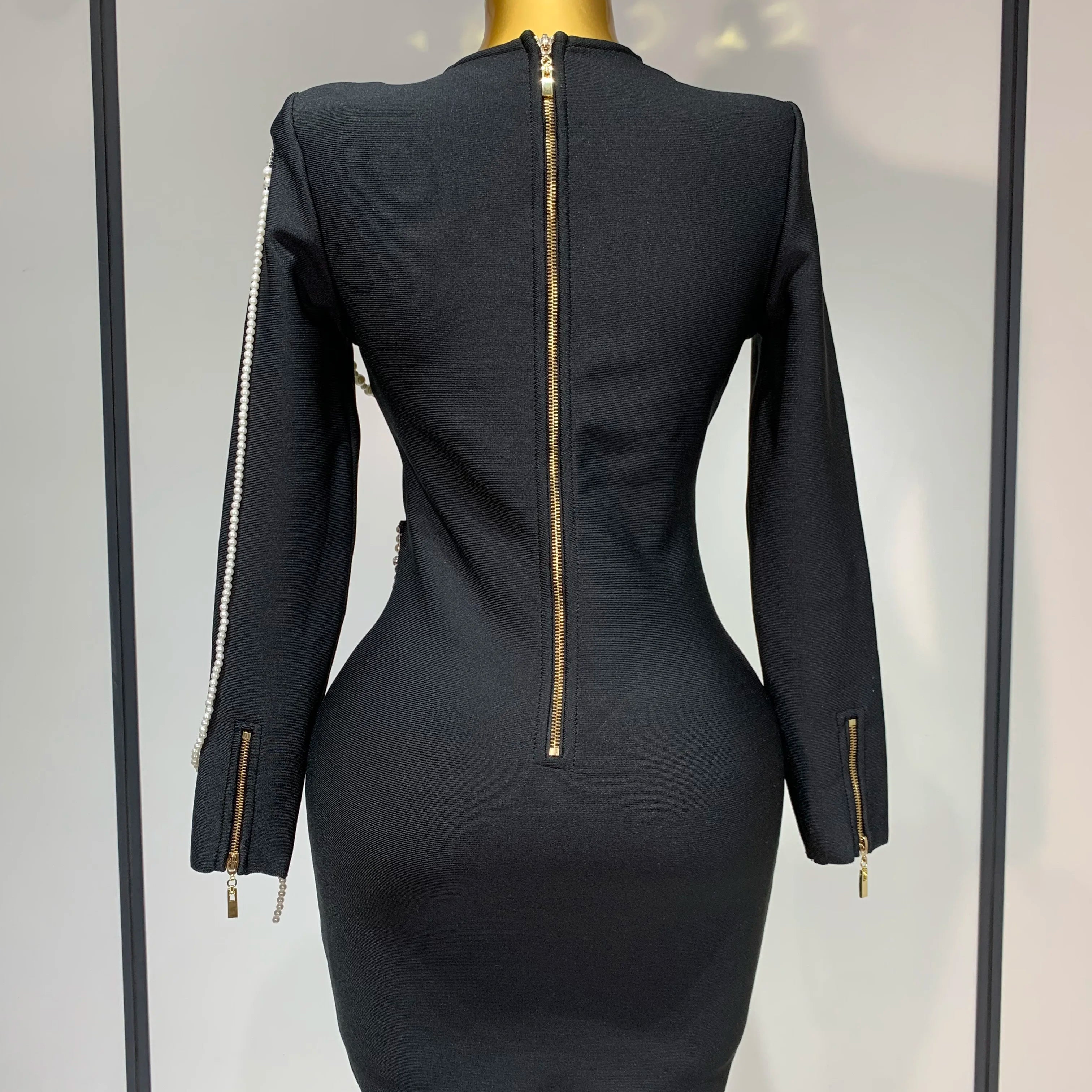 Luxury Birthday Dress Women Beading Diamond Black Bodycone Bandage Wrapped Hip Dress Elegant Long Sleeves Evening Party Gown