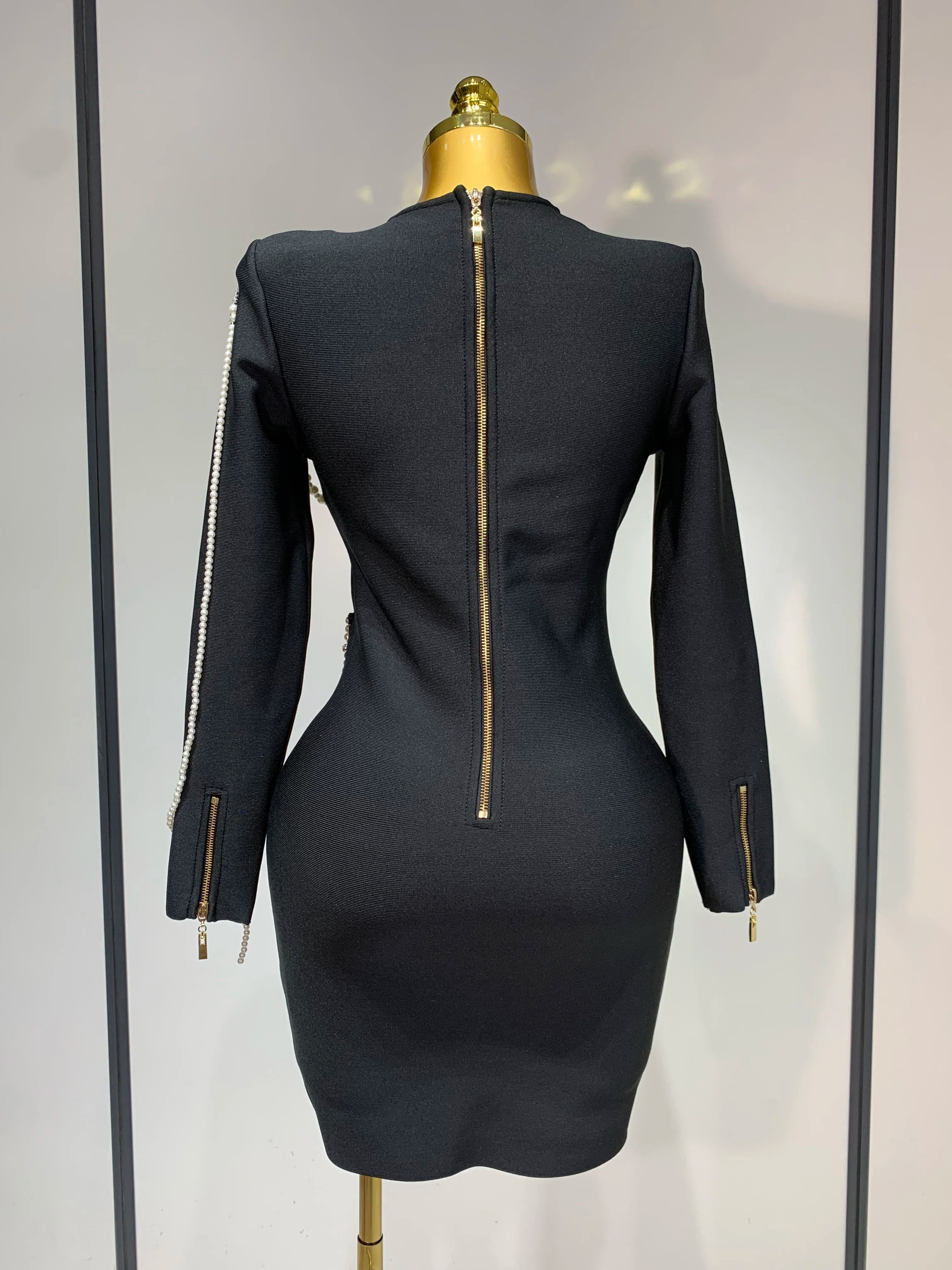 Luxury Birthday Dress Women Beading Diamond Black Bodycone Bandage Wrapped Hip Dress Elegant Long Sleeves Evening Party Gown