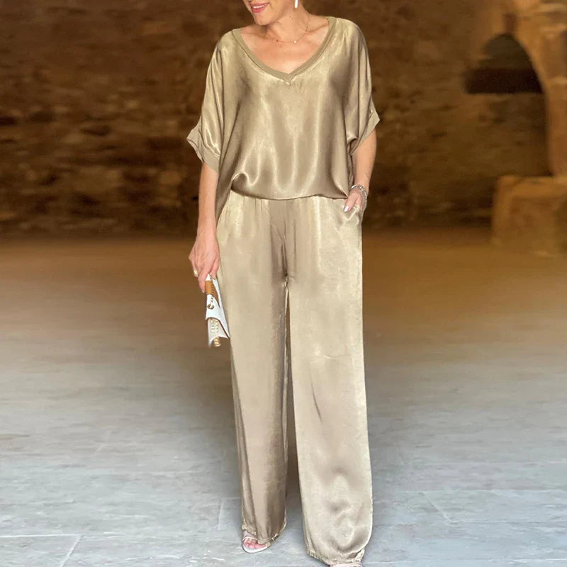 Plain V Neck Top Pullover and Wide-leg Pants Outfit Sets for Women Spring Loose Satin Suit Summer Short Sleeve T-shirt Two Piece Khaki