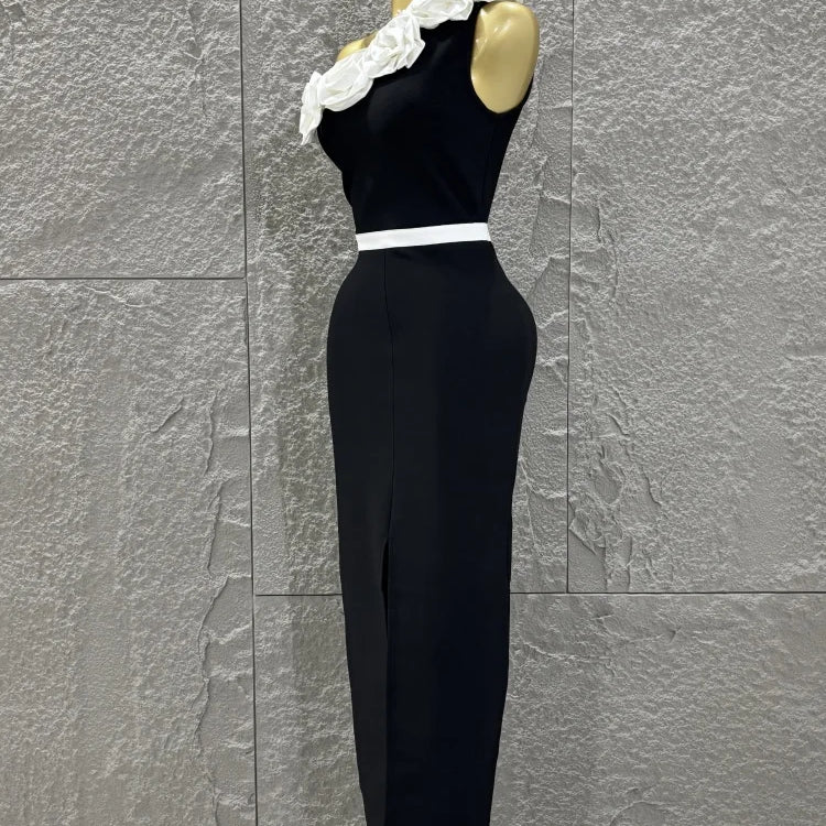 Women Sexy One Shoulder White Florals Bodycon Long Bandage Dress Celebrate Nightclub Party Fashion Outfit