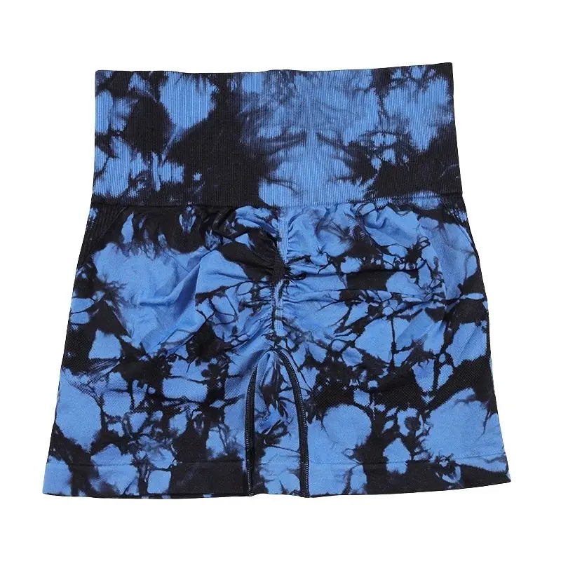 CHRLEISURE Tie Dye Women Shorts Seamless Yoga Tight Butt Lifting Workout Cycling Sweatpants High Waist Elastic Sports Leggings Deep Blue