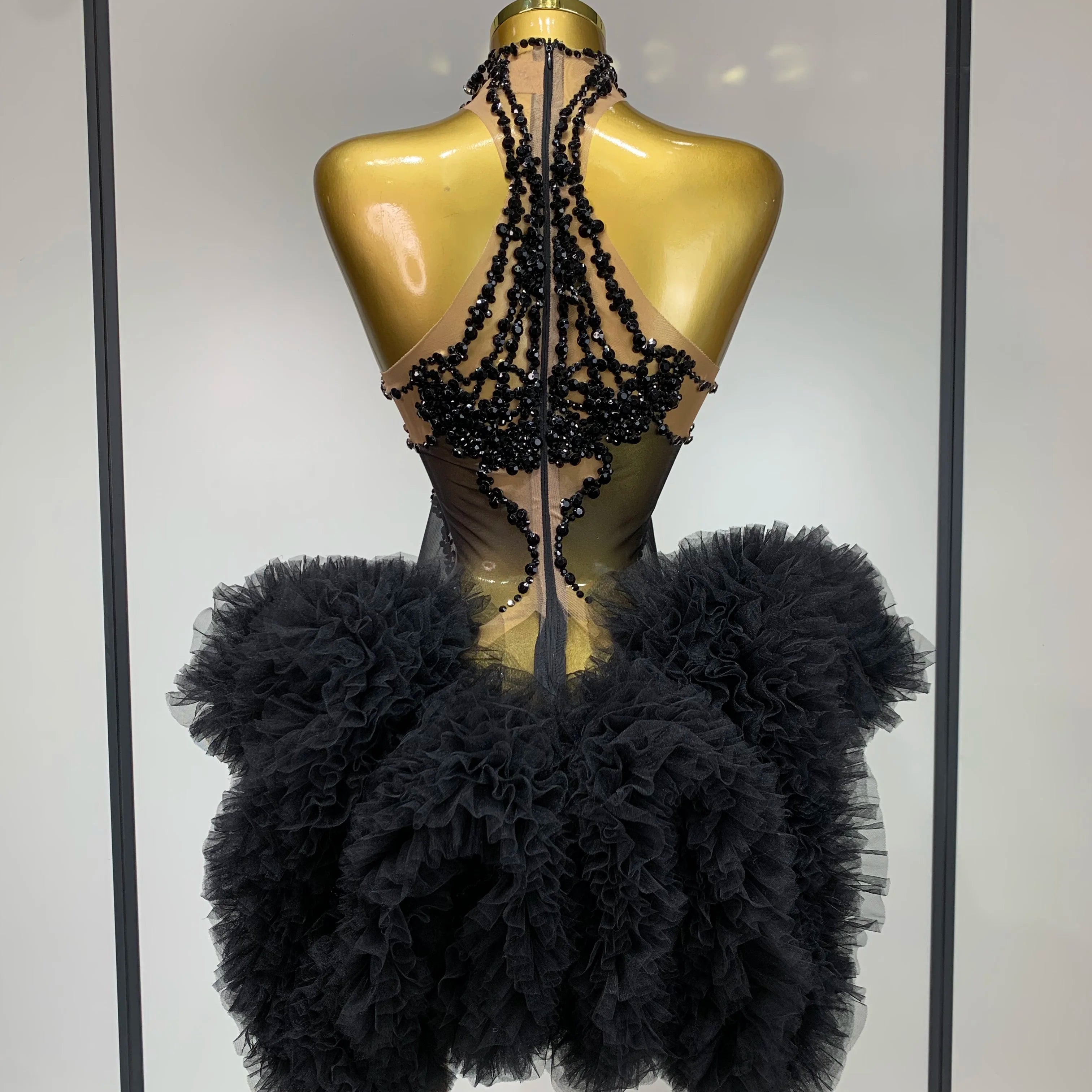Luxury Women Sexy Sparkly Rhinestone Sleeveless Mesh See Through Bodycon Mini Birthday Dress Evening Party Performance Costume