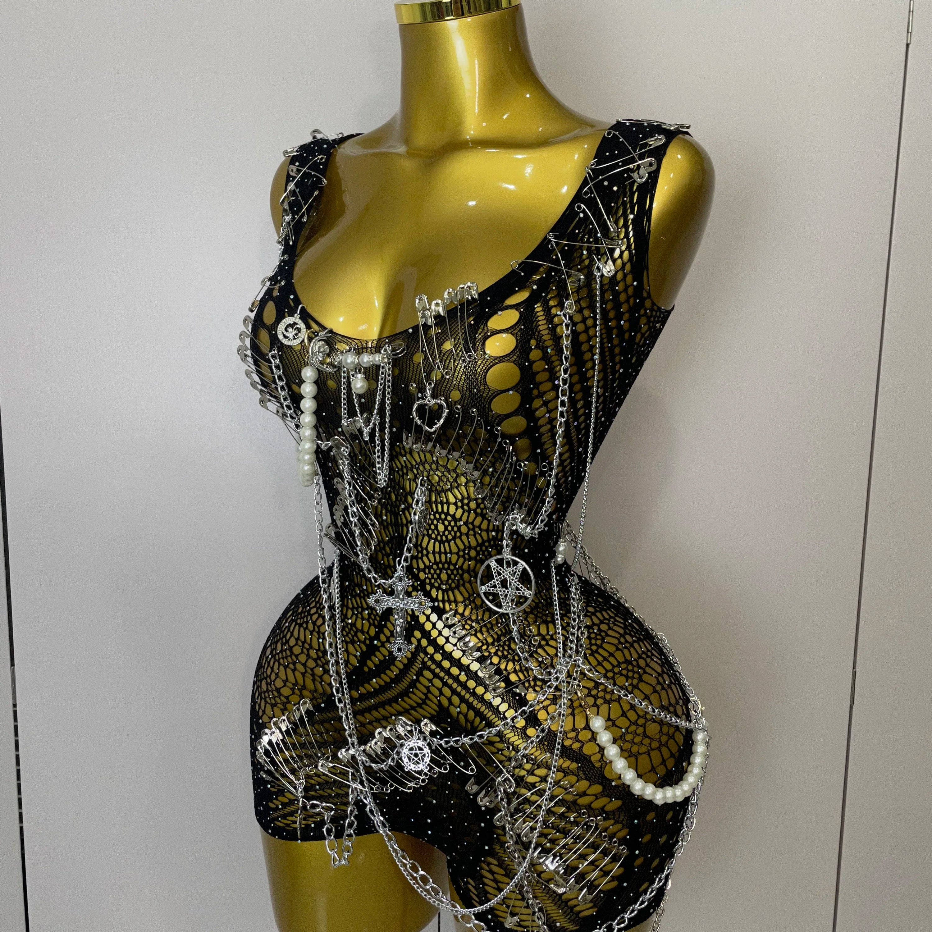 Women Sexy See-Through Bodysuit Black Pin Sheath Mini Dress Evening Birthday Party Nightclub Singer Dancer Performance Costume