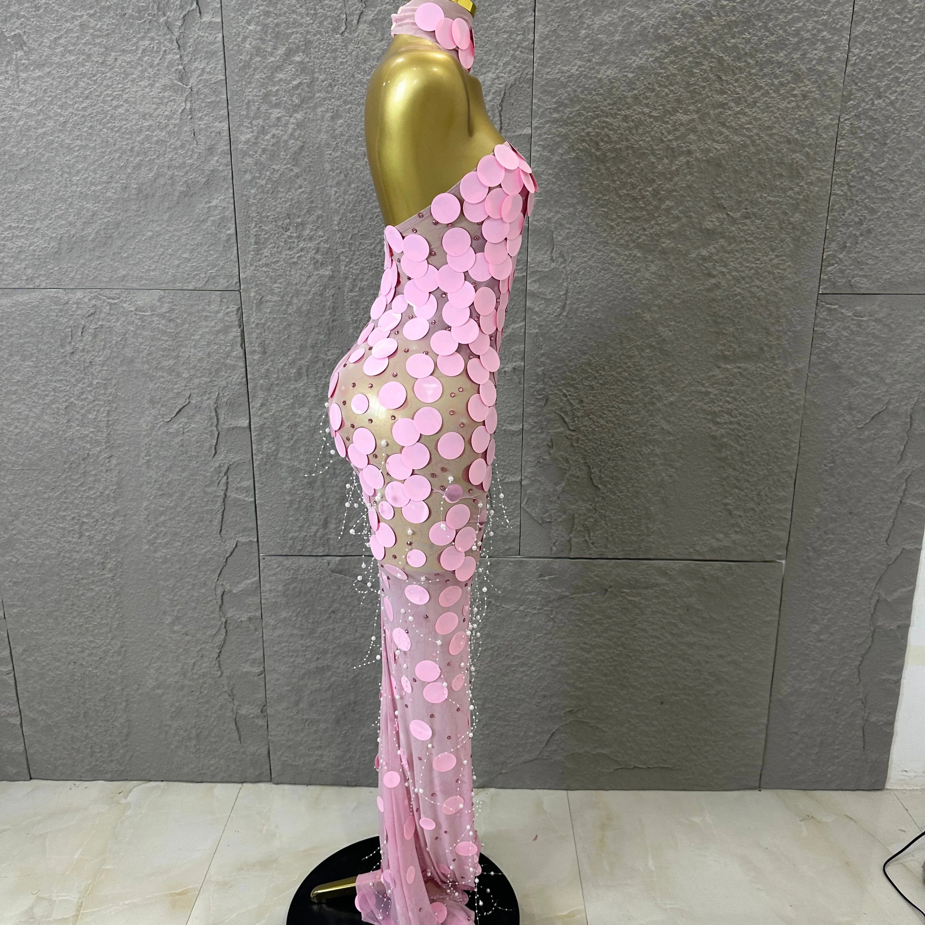 Sexy Pink Halter Neck Slim-fit Maxi Dress Women Pink Disc Pearl Mermaid Outfit Wedding Guest Evening Party Nightclub Costume