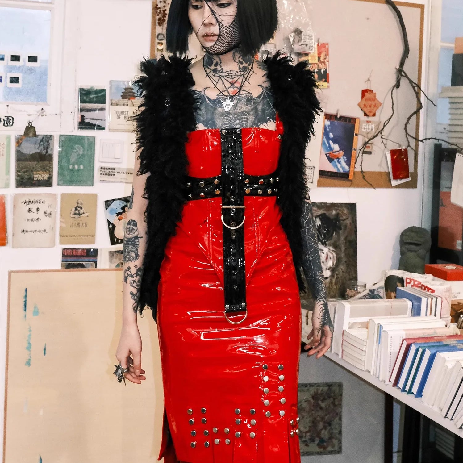 Lautaro Spring Summer Sexy Shiny Reflective Red Faux Leather Midi Asymmetrical Skirt Women Rivet Goth Style Y2K Streetwear 2025