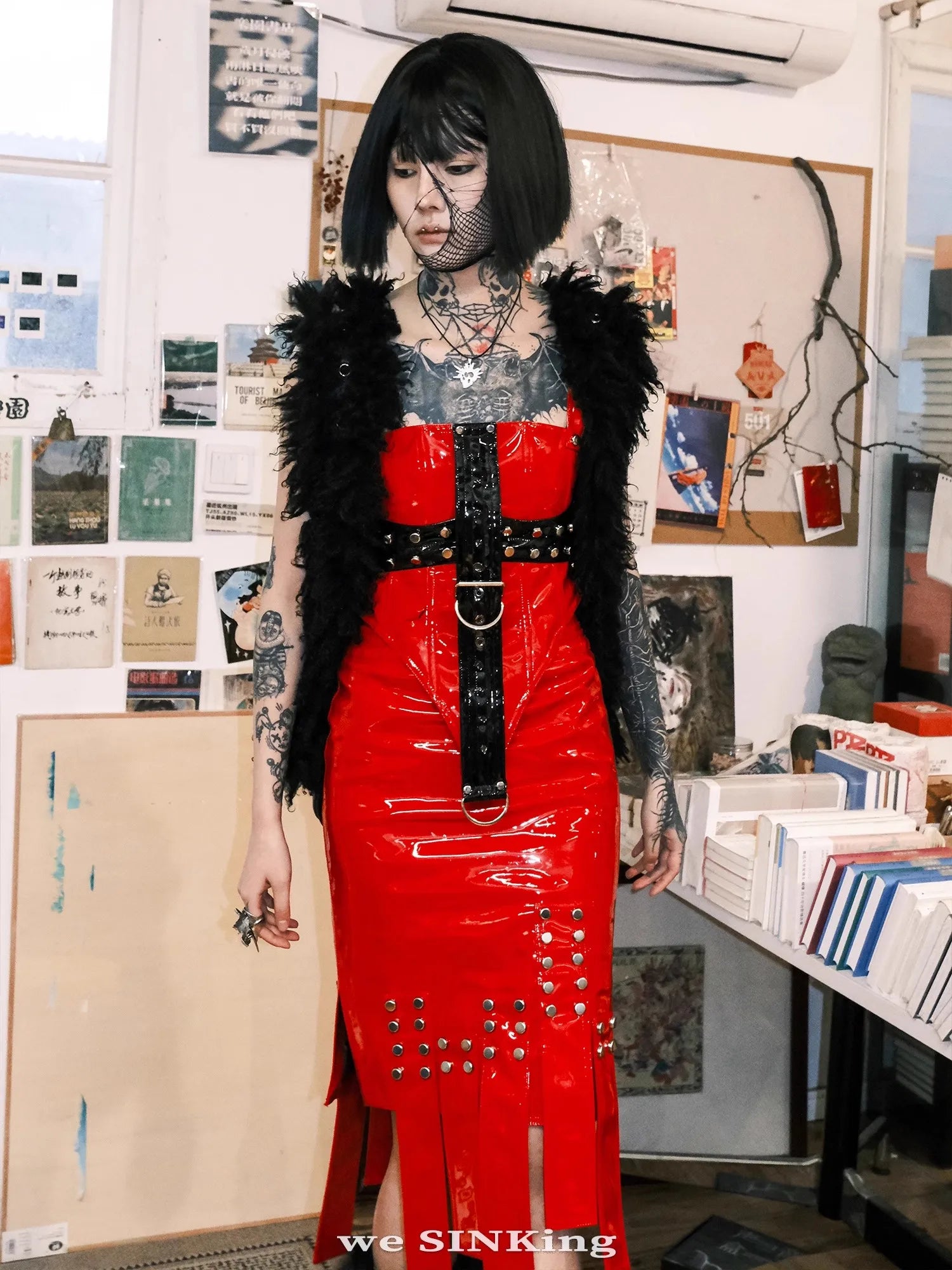 Lautaro Spring Summer Sexy Shiny Reflective Red Faux Leather Midi Asymmetrical Skirt Women Rivet Goth Style Y2K Streetwear 2025