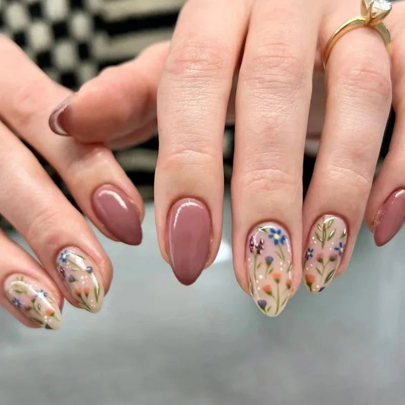 24pcs Garden Style False Nails With Colorful Flower Designs Glossy Almond Press On Nails Full Cover Artificial Autumn Fake Nail Y3