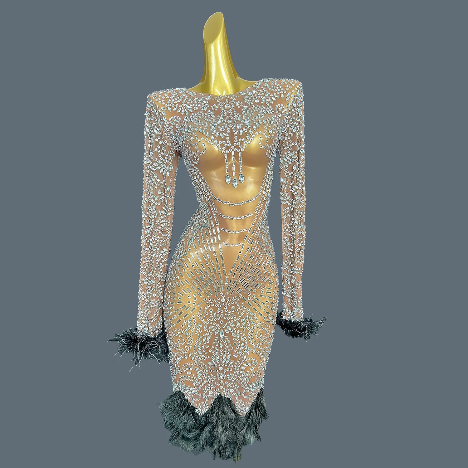 Women's High-end Clothing Dinner Party Sparkly Rhinestone Evening Dress Mesh Feather Dress Bodycon Club Prom Maxi Dress Pangxie Silver