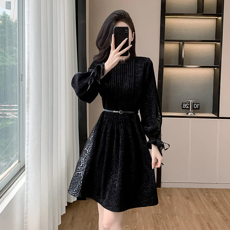 Coigarsam Women's Black Dress - Patchwork O-Neck, Mesh Sequins - Chic Evening & Party Fashion