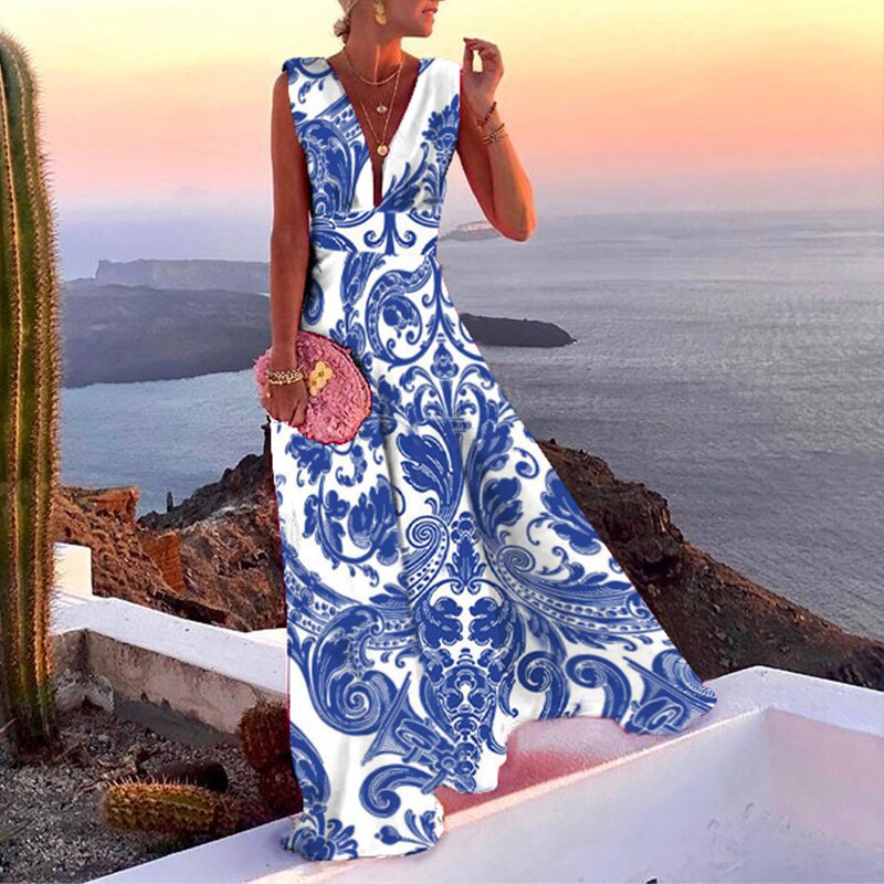 V Neck Maxi Dresses Printed Sleeveless Sling Holiday Dress style 2 blue